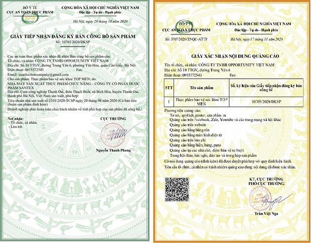 top men chứng nhận