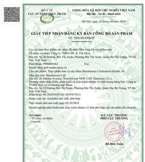 Giấy chứng nhận Blackmores Cholesterol Health