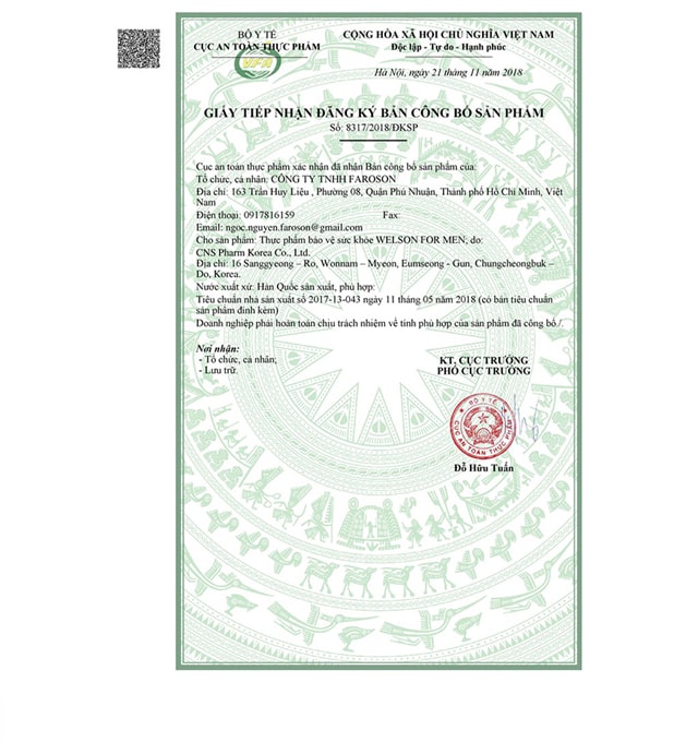 Welson For Men giấy chứng nhận