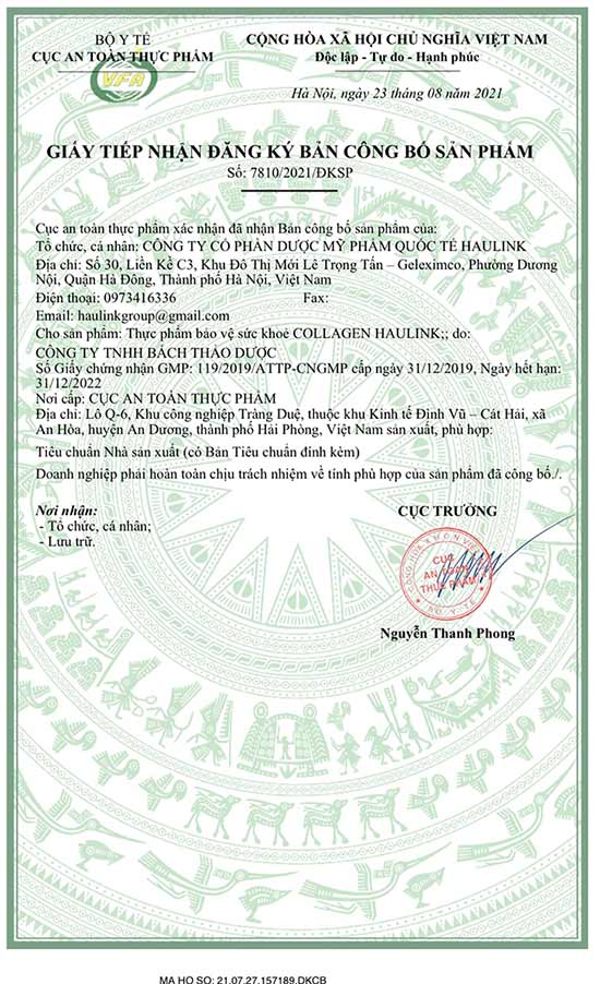 Collagen HauLink chứng nhận