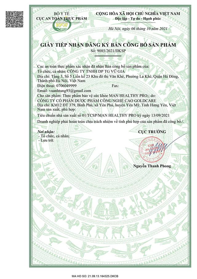 Man Healthy Pro chứng nhận