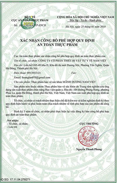 Mãnh Dương Nam Việt chứng nhận