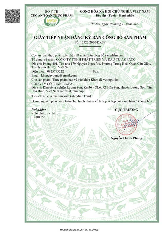 Khớp Đế Vương chứng nhận